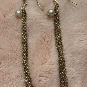 Gold Chain Drop Earrings with Pearl Accent - Women Jewelry